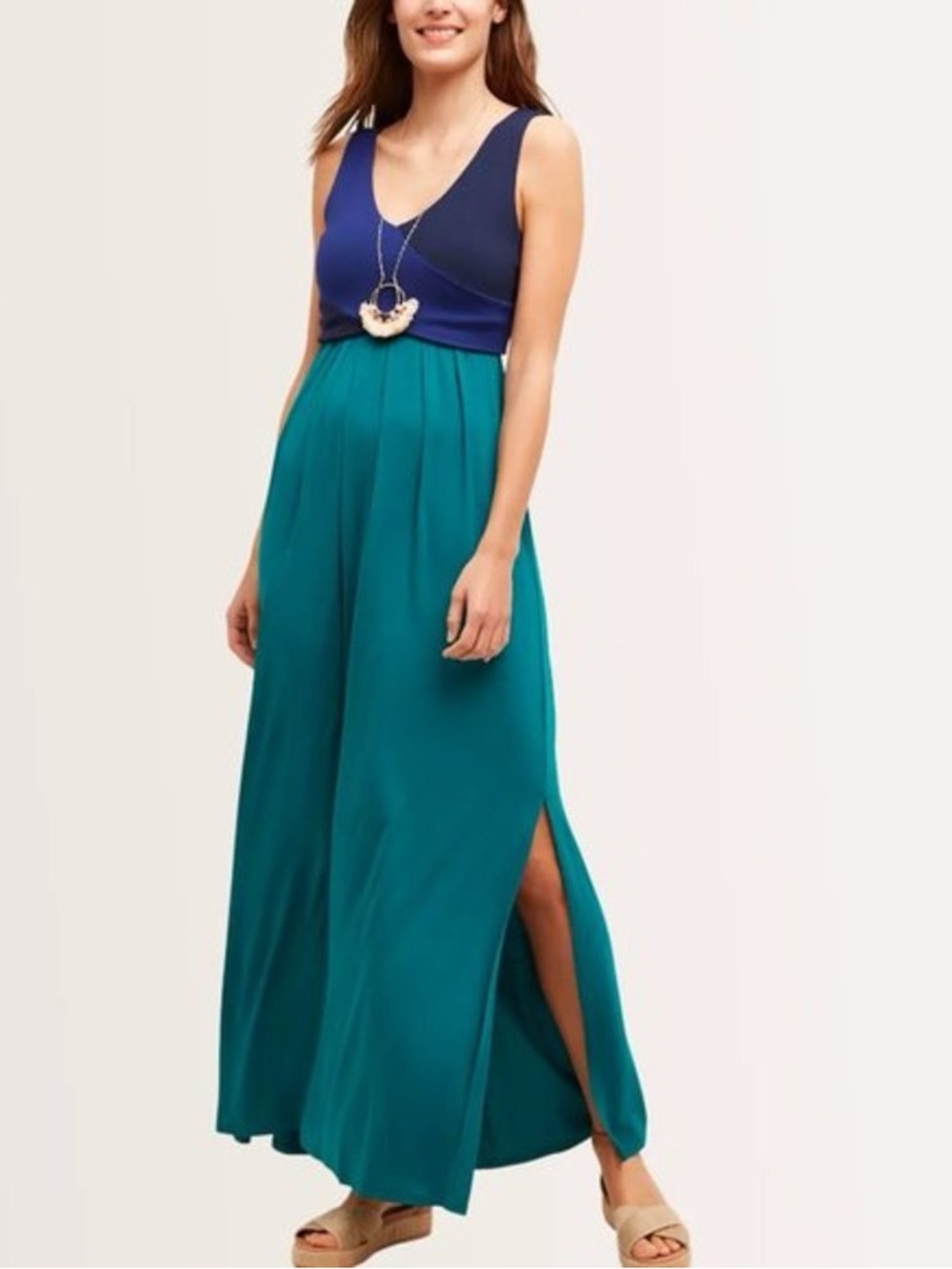 Anthropologie Maeve Elysian Colorblock Maxi Dress Navy Teal Small